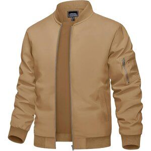 🆕Men Khaki Bomber Jacket Lightweight Casual Spring Fall Windbreaker Zip Up Coat